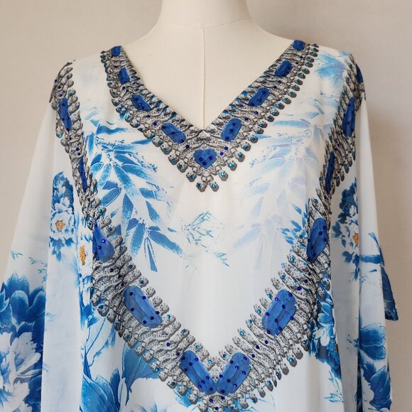 ASA Kaftans Beaded Jewel Caftan Top Tassel-Hem V-Neck Chiffon Blue White - Picture 2 of 12